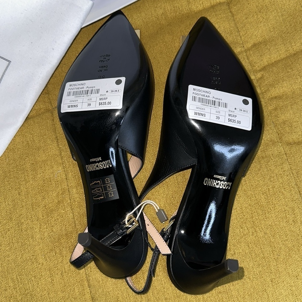 MOSCHINO Couture Gold Logo Black Leather Slingback Pumps Sz. 39 NEW! - Picture 9 of 9